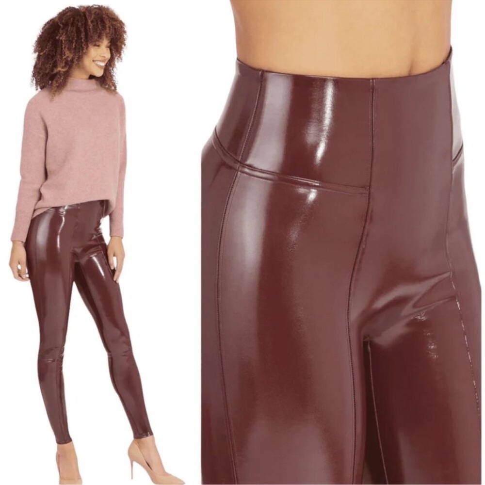 SPANX Shape Faux Patent Leather Vegan Leggings Pants Ruby Red NWT